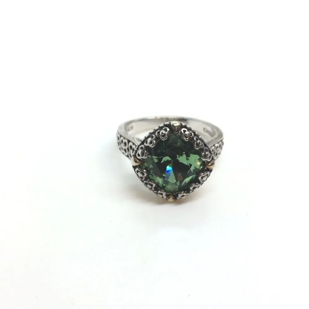 STERLING SILVER RING Green Glass Filigree Statement Ring Sz 7.25